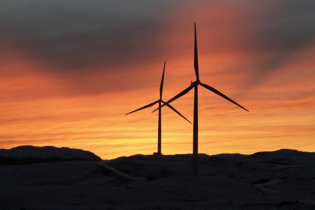 Carraig Gheal Wind Farm sunset two turbines